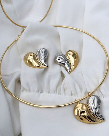18k gold plated hoop set Mix of gold and silver plating with heart pendant.