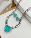 Conjunto Folheado a prata coração zirconia fusion verde.