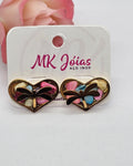 Brinco aço inox Folheado ouro 18k coração borboleta e pedras coloridas antialérgico.