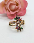 Anel semijoias 18k Flores de zirconias coloridas cravejadas regulável.