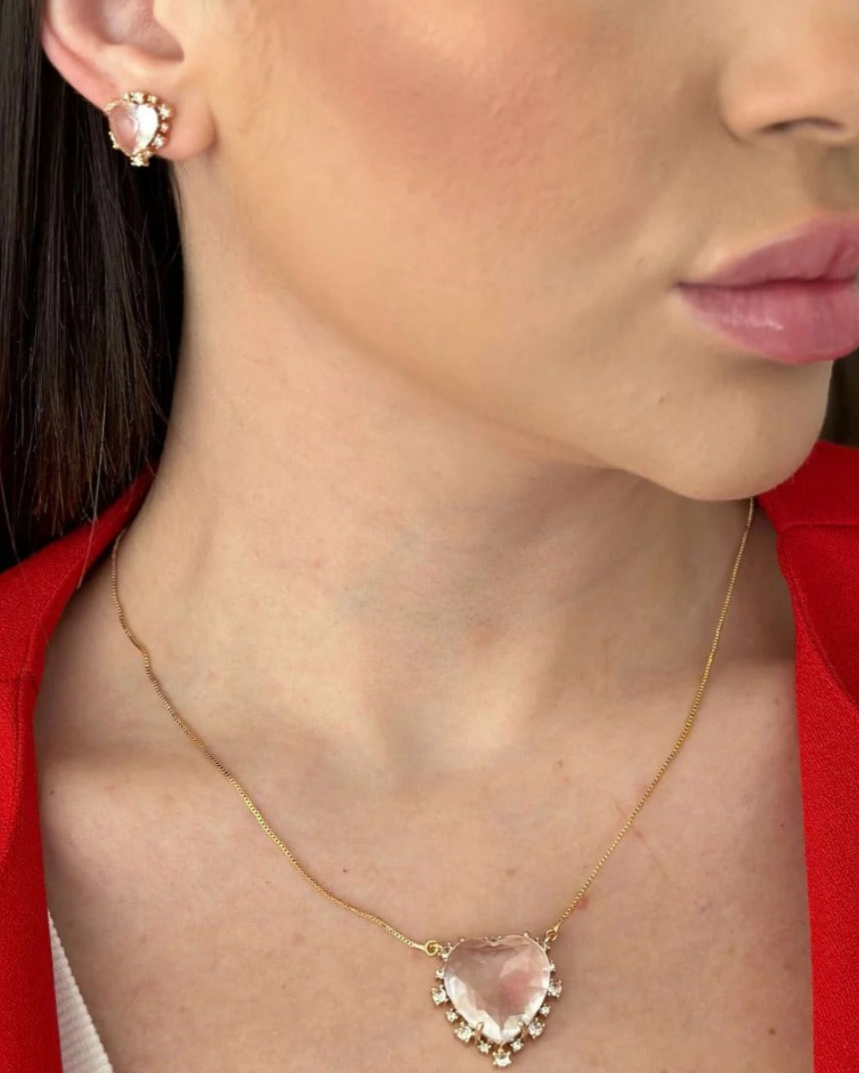 Conjunto Folheado a ouro 18k coração zirconia cristal com dorda cravejada cristal.
