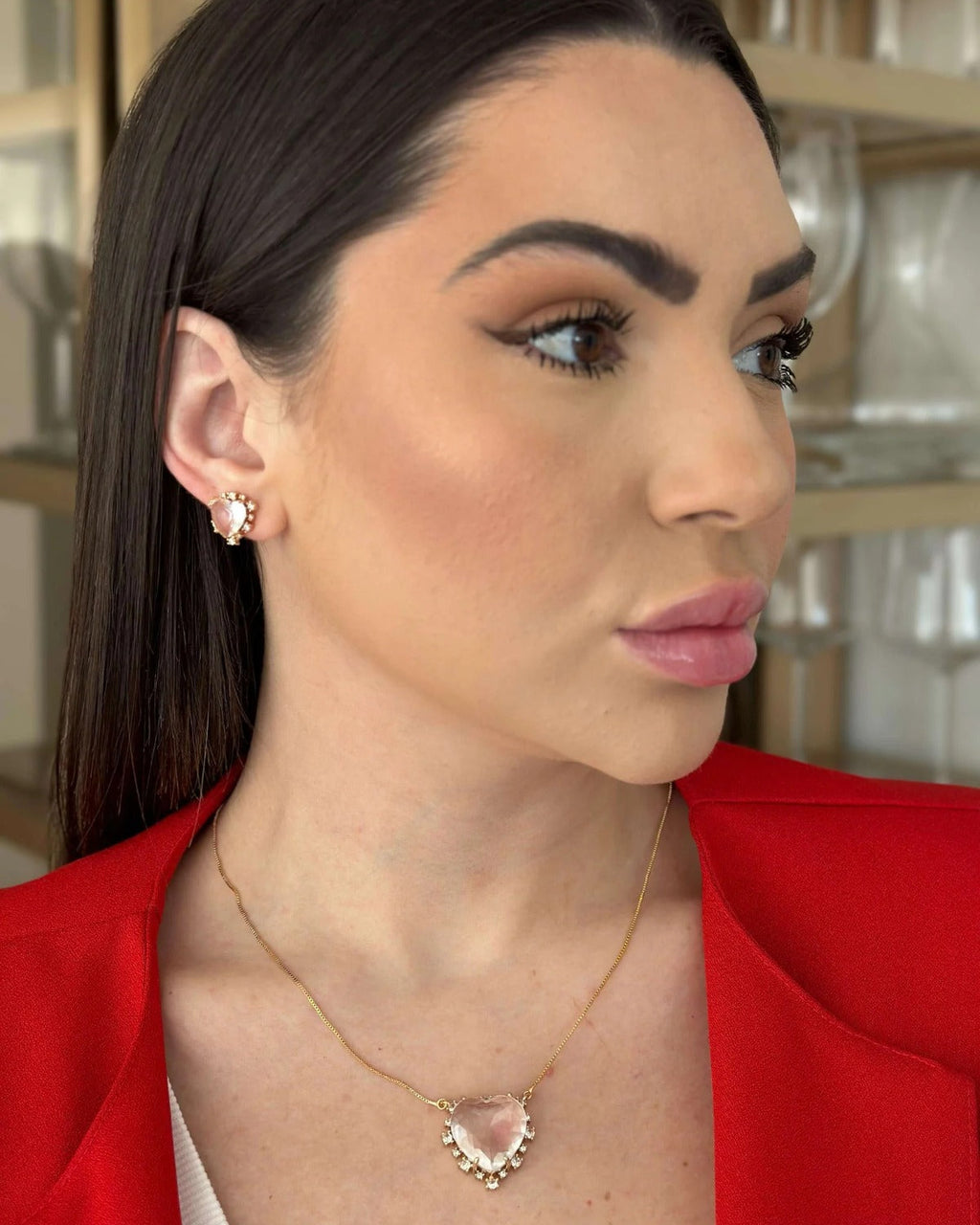 Conjunto Folheado a ouro 18k coração zirconia cristal com dorda cravejada cristal.