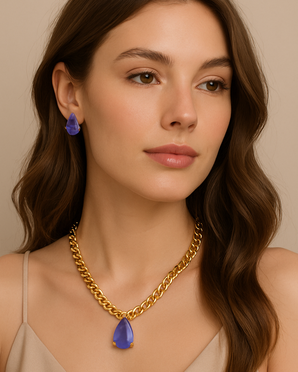 Conjunto elos gota com zirconia fusion lilias semijoias 18k.