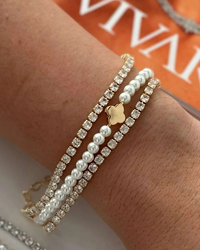 Pulseira Folheado a ouro e a prata triplo Pérola e zirconias com pingente inspiração Virginia.