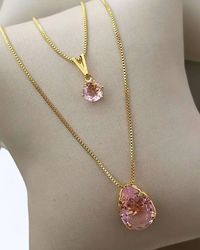 Colar duplo Folheado a ouro 18k Ponto de luz e zirconias oval Rosa claro